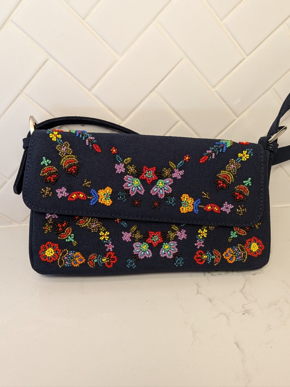 NWOT Vintage Y2K Dark Blue Denim Beaded Floral Shoulder Bag Kidcore Nostalgia